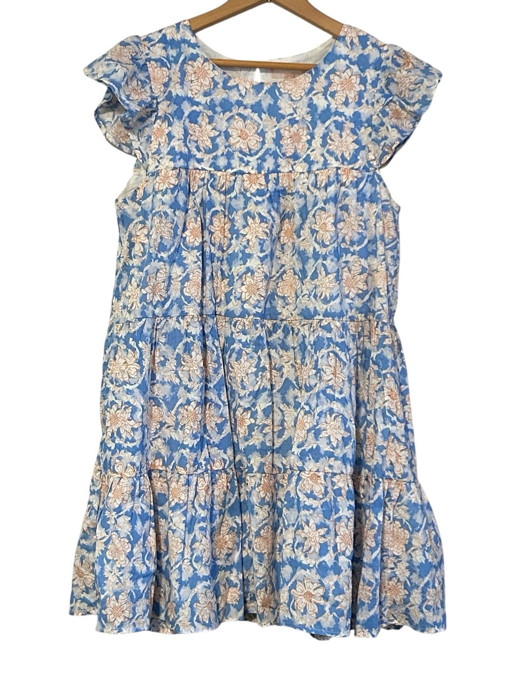 Lovecolette Babydoll Dress Blue Orange Floral Size Small Lined Flutter Sleeves